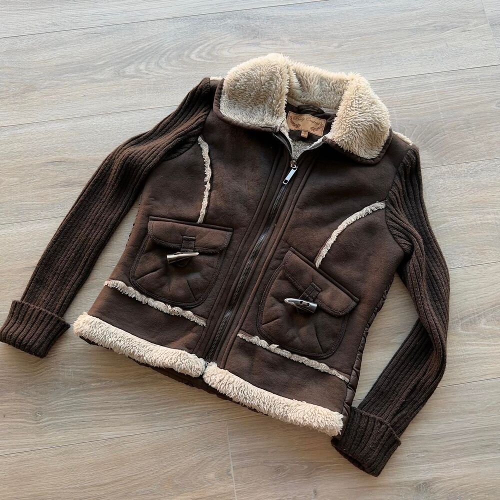 Body Central Y2K Small Chocolate Brown & Cream Faux Suede & Quilted Jacket VTG